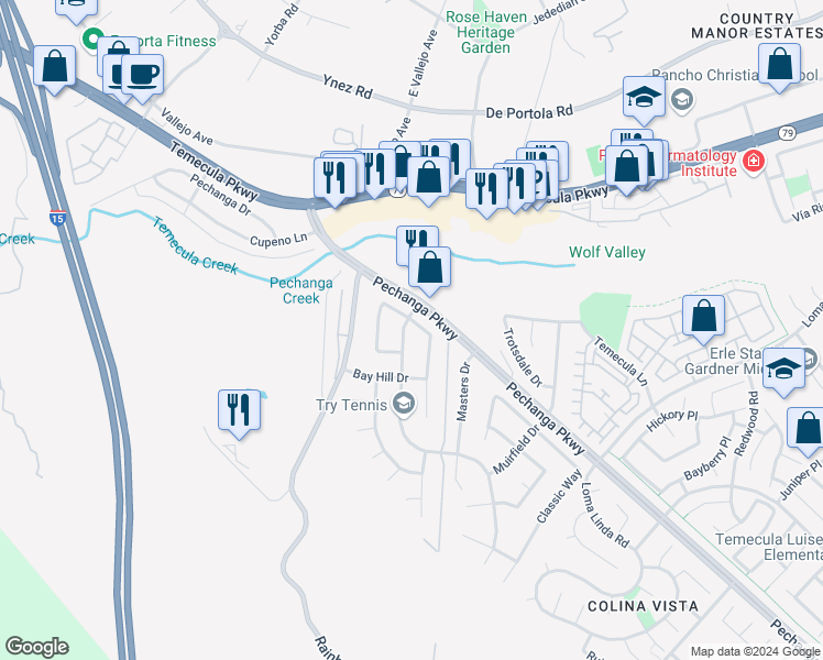 map of restaurants, bars, coffee shops, grocery stores, and more near 45356 Clubhouse Drive in Temecula