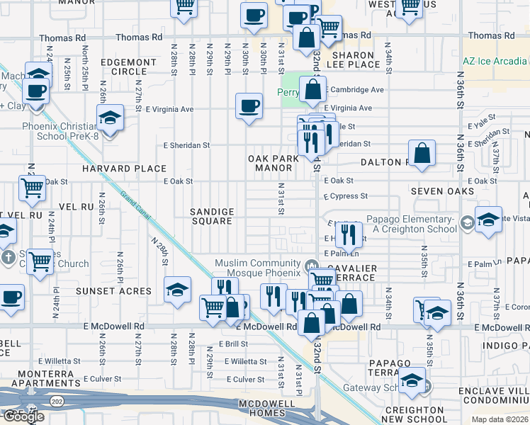 map of restaurants, bars, coffee shops, grocery stores, and more near 3101 East Monte Vista Road in Phoenix