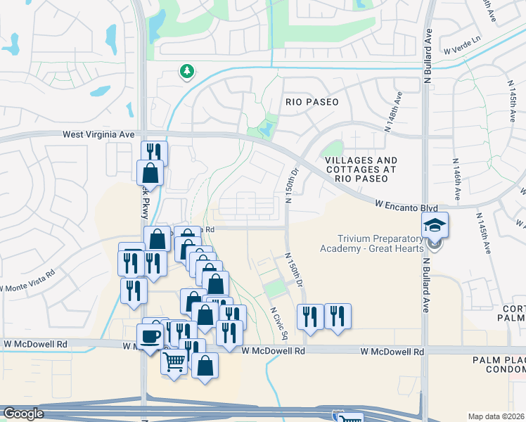 map of restaurants, bars, coffee shops, grocery stores, and more near West Monte Vista in Goodyear