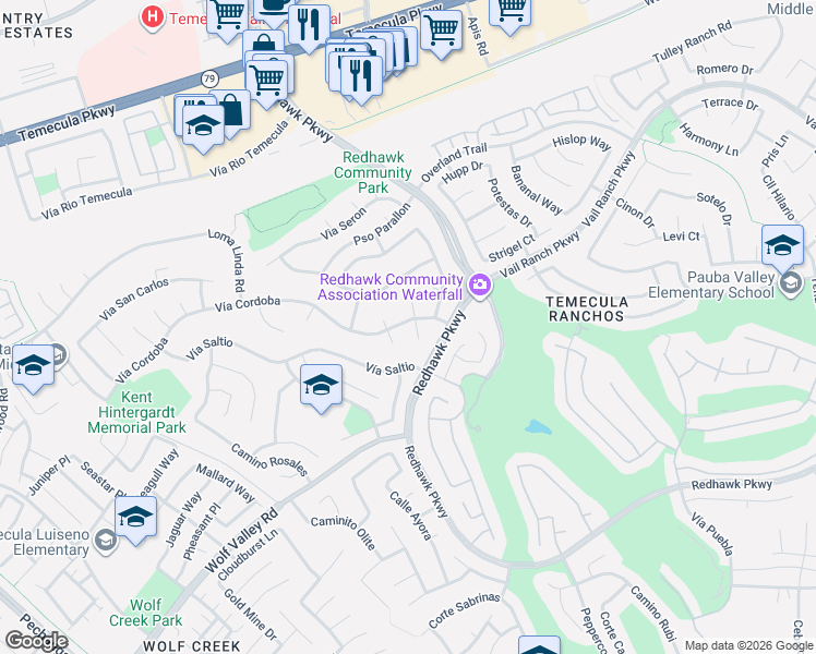 map of restaurants, bars, coffee shops, grocery stores, and more near 45095 Corte Carolina in Temecula
