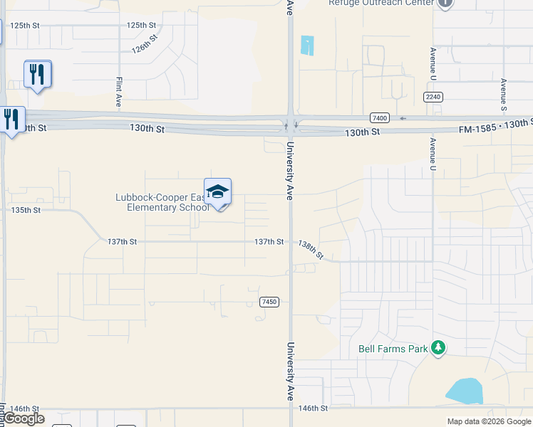 map of restaurants, bars, coffee shops, grocery stores, and more near 13000-13998 University Avenue in Lubbock