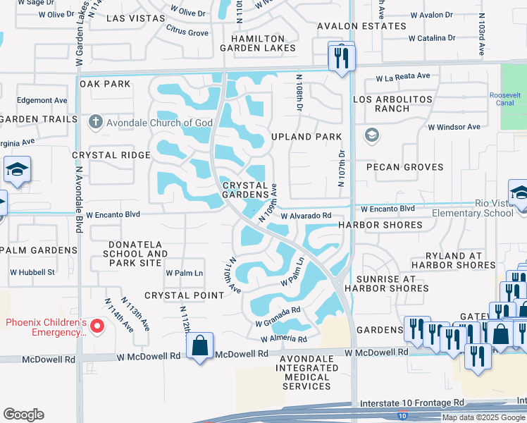 map of restaurants, bars, coffee shops, grocery stores, and more near 2034 North 109th Avenue in Avondale
