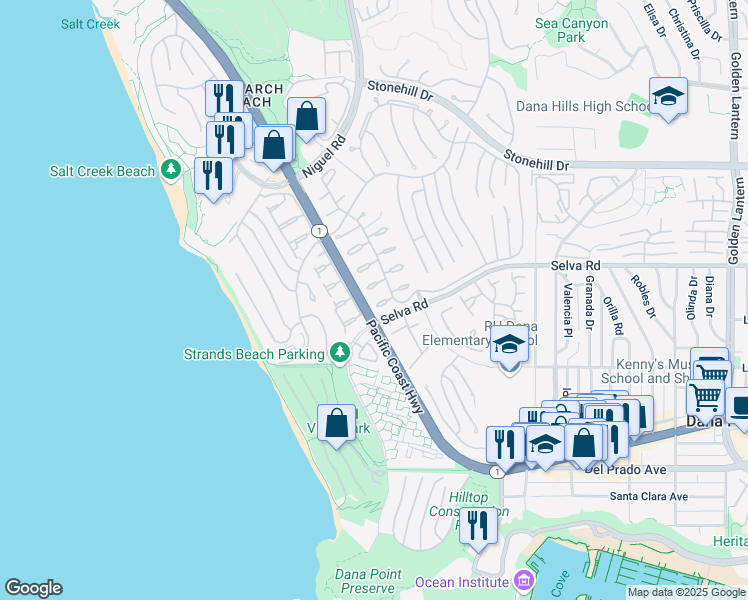 map of restaurants, bars, coffee shops, grocery stores, and more near Coral Cove Way in Dana Point