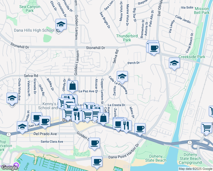 map of restaurants, bars, coffee shops, grocery stores, and more near 33861 Mariana Drive in Dana Point