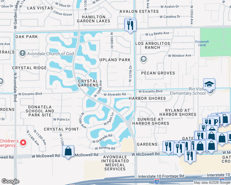 map of restaurants, bars, coffee shops, grocery stores, and more near 10845 West Alvarado Road in Avondale