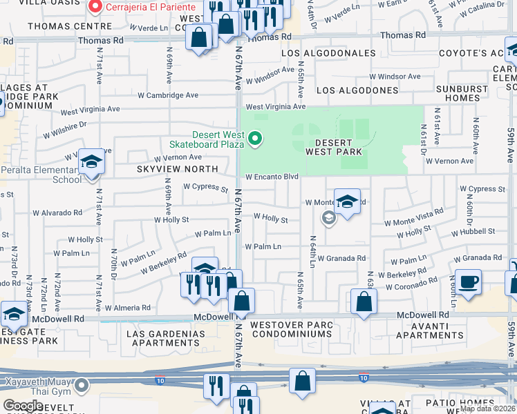 map of restaurants, bars, coffee shops, grocery stores, and more near 6602 West Holly Street in Phoenix