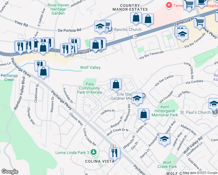 map of restaurants, bars, coffee shops, grocery stores, and more near 31170 Sunflower Way in Temecula
