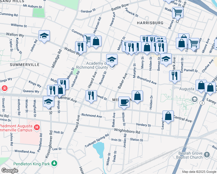 map of restaurants, bars, coffee shops, grocery stores, and more near 1919 Hampton Avenue in Augusta