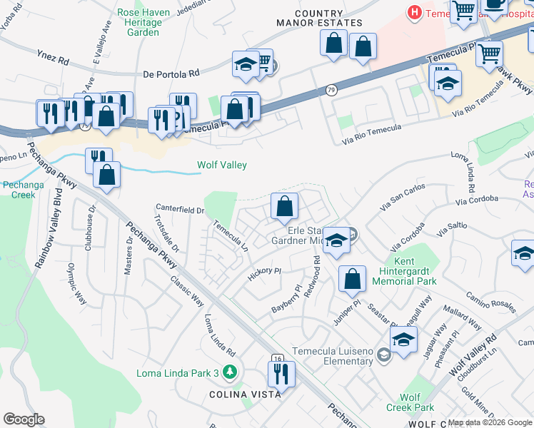map of restaurants, bars, coffee shops, grocery stores, and more near 31144 Sunflower Way in Temecula