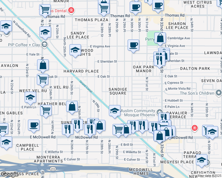 map of restaurants, bars, coffee shops, grocery stores, and more near 2042 North 30th Street in Phoenix