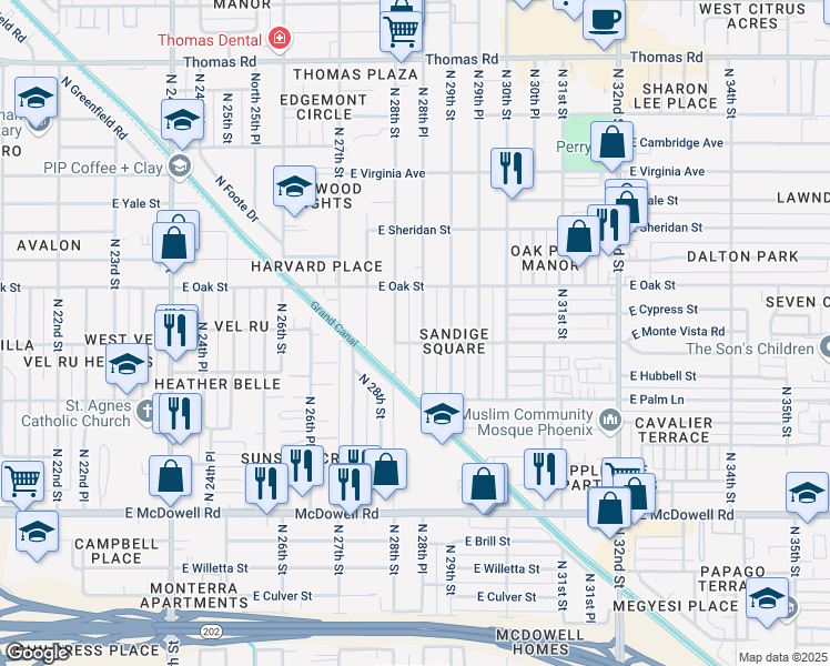 map of restaurants, bars, coffee shops, grocery stores, and more near 2115 North 28th Street in Phoenix
