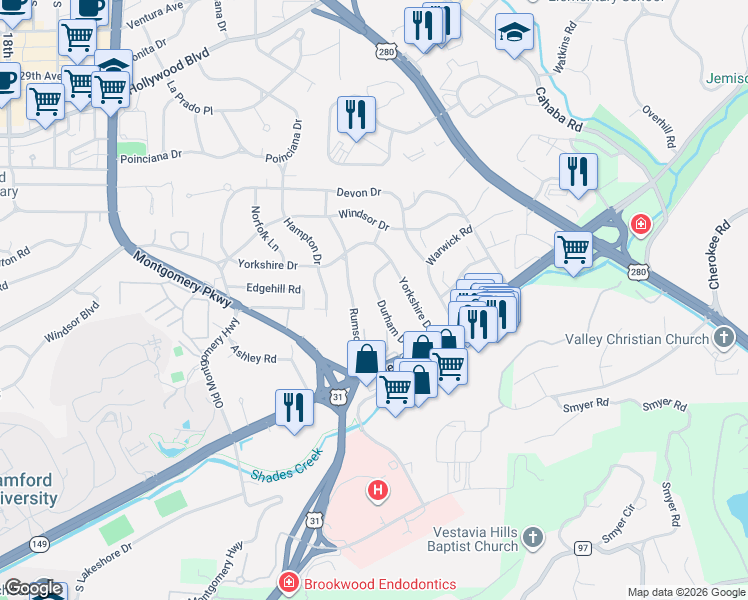 map of restaurants, bars, coffee shops, grocery stores, and more near 647 Rumson Road in Birmingham