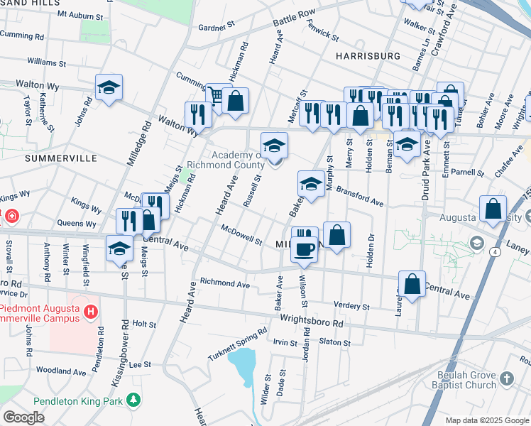 map of restaurants, bars, coffee shops, grocery stores, and more near 1919 Hampton Avenue in Augusta