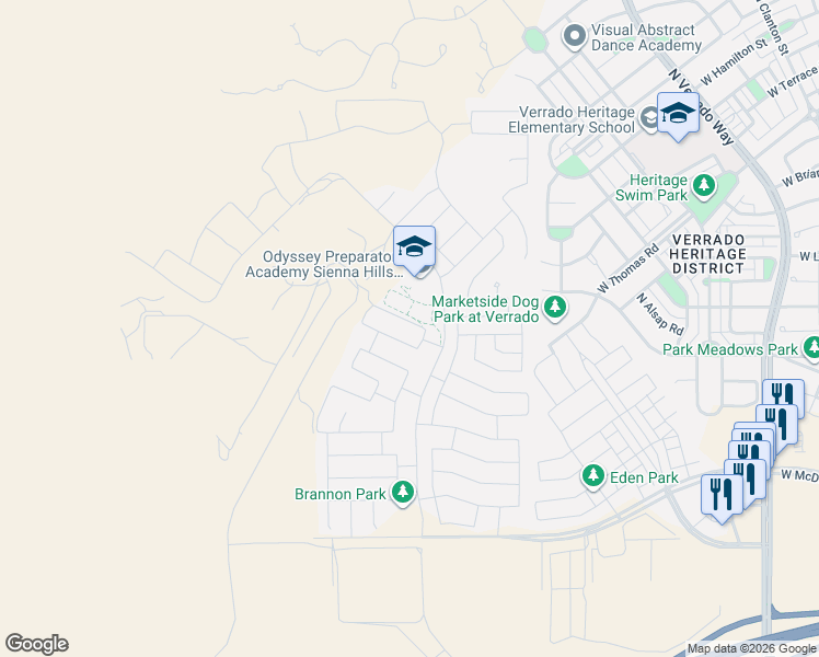 map of restaurants, bars, coffee shops, grocery stores, and more near 21338 West Monte Vista Road in Buckeye