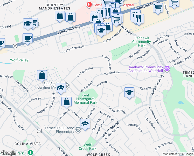 map of restaurants, bars, coffee shops, grocery stores, and more near 31665 Vía Cordoba in Temecula