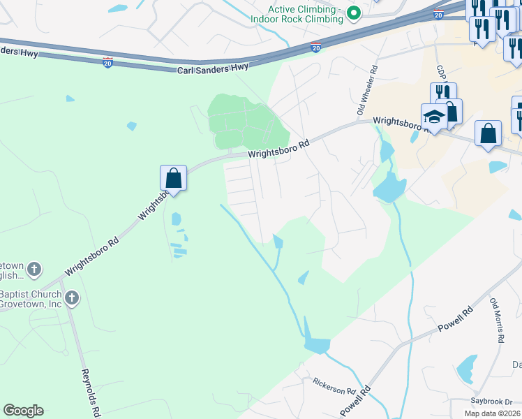 map of restaurants, bars, coffee shops, grocery stores, and more near 1185 Bison Way in Grovetown