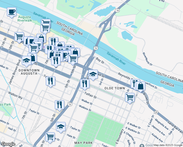 map of restaurants, bars, coffee shops, grocery stores, and more near 321 Ellis Street in Augusta