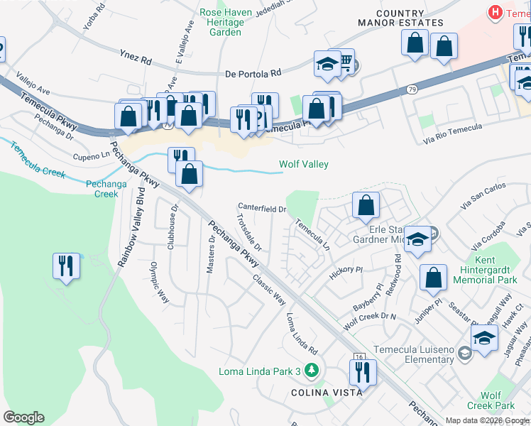 map of restaurants, bars, coffee shops, grocery stores, and more near 30813 Canterfield Drive in Temecula