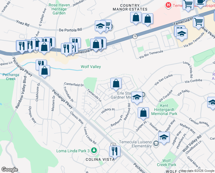 map of restaurants, bars, coffee shops, grocery stores, and more near 31166 Sunflower Way in Temecula
