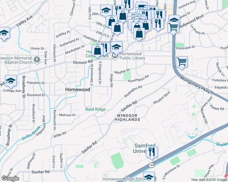 map of restaurants, bars, coffee shops, grocery stores, and more near 1717 Shades Park Drive in Birmingham