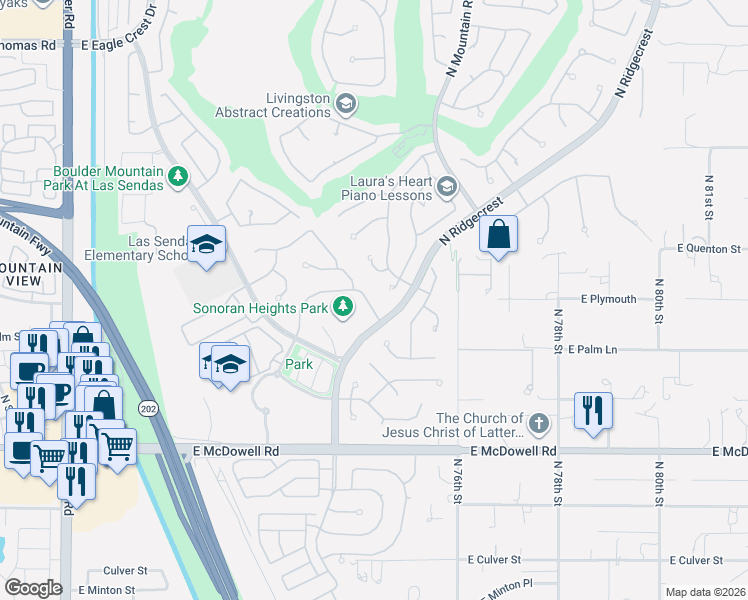 map of restaurants, bars, coffee shops, grocery stores, and more near 3069 North Ridgecrest in Mesa