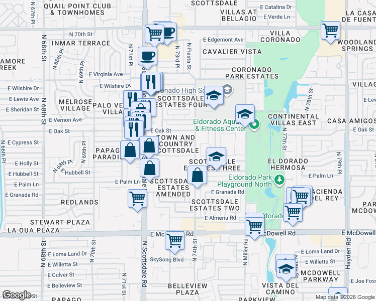 map of restaurants, bars, coffee shops, grocery stores, and more near 2202 North 74th Street in Scottsdale