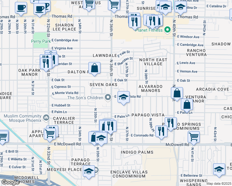 map of restaurants, bars, coffee shops, grocery stores, and more near 3606 East Monte Vista Road in Phoenix