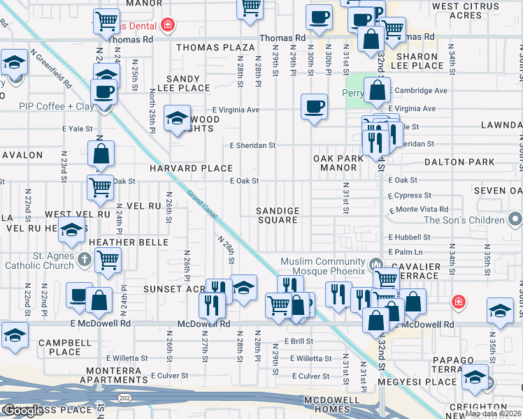 map of restaurants, bars, coffee shops, grocery stores, and more near 2042 North 30th Street in Phoenix
