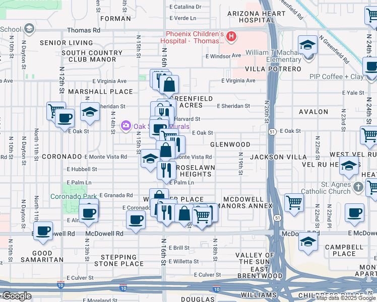map of restaurants, bars, coffee shops, grocery stores, and more near 2048 North 17th Street in Phoenix