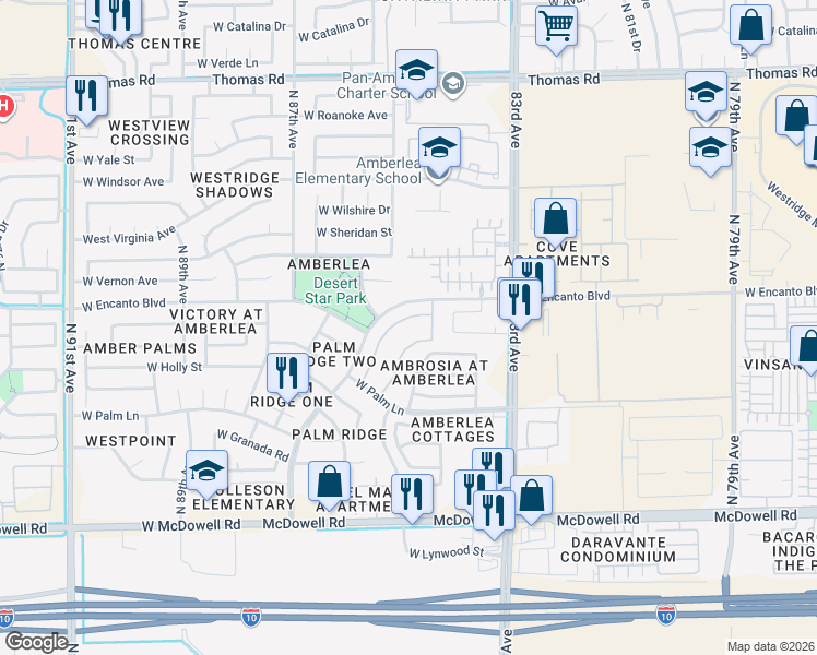 map of restaurants, bars, coffee shops, grocery stores, and more near 8520 West Palm Lane in Phoenix