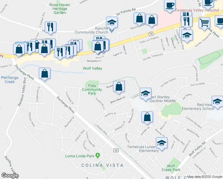 map of restaurants, bars, coffee shops, grocery stores, and more near 31140 Sunflower Way in Temecula