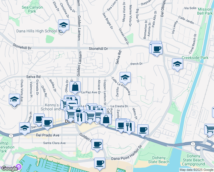 map of restaurants, bars, coffee shops, grocery stores, and more near 33861 Mariana Drive in Dana Point