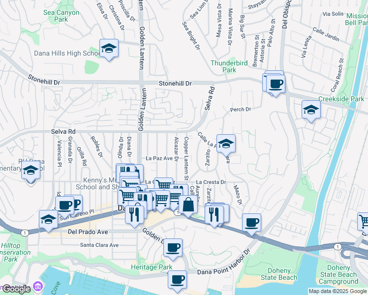 map of restaurants, bars, coffee shops, grocery stores, and more near 33862 Alcazar Drive in Dana Point