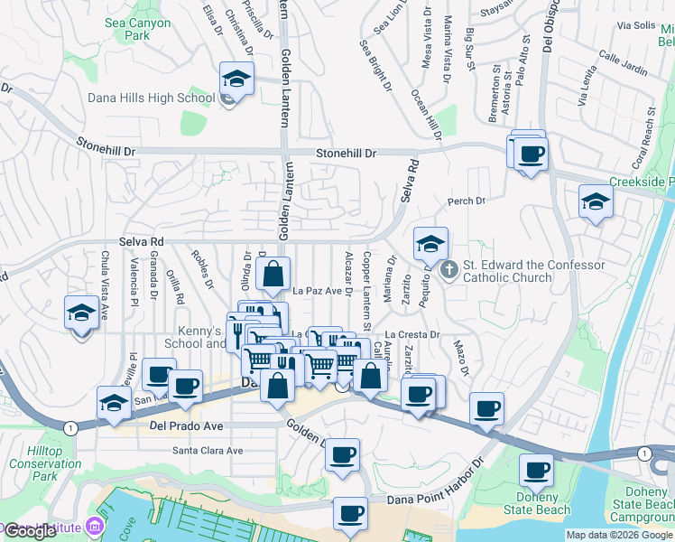 map of restaurants, bars, coffee shops, grocery stores, and more near 33862 Alcazar Drive in Dana Point