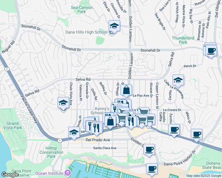 map of restaurants, bars, coffee shops, grocery stores, and more near 33859 Street of the Violet Lantern in Dana Point