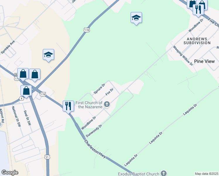 map of restaurants, bars, coffee shops, grocery stores, and more near 497 Fox Drive in Orangeburg