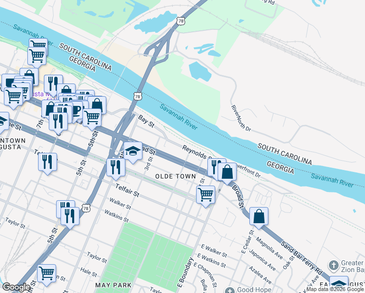 map of restaurants, bars, coffee shops, grocery stores, and more near 102 2nd Street in Augusta