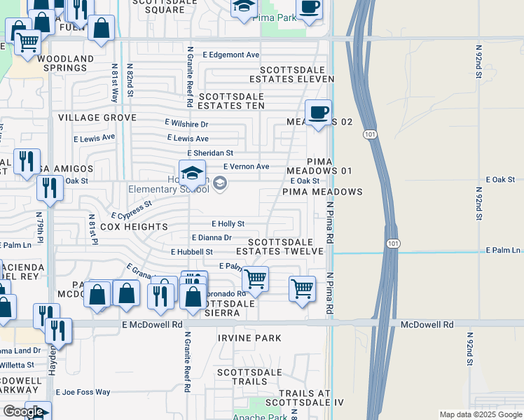 map of restaurants, bars, coffee shops, grocery stores, and more near 8702 East Holly Street in Scottsdale