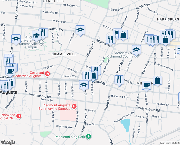 map of restaurants, bars, coffee shops, grocery stores, and more near 2161 Kings Way in Augusta