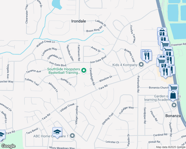 map of restaurants, bars, coffee shops, grocery stores, and more near 10433 Candlelight Road in Jonesboro