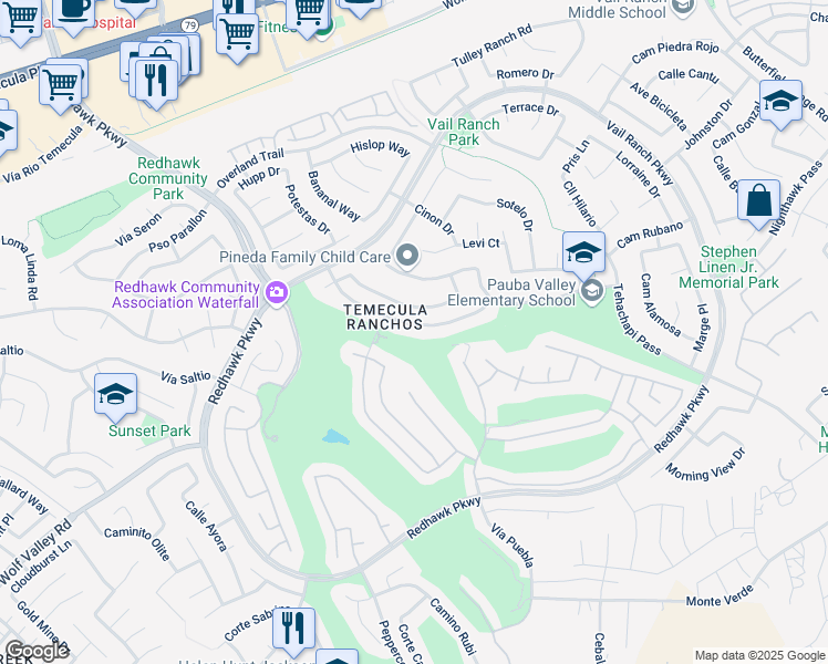 map of restaurants, bars, coffee shops, grocery stores, and more near 32747 Valentino Way in Temecula