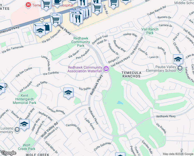 map of restaurants, bars, coffee shops, grocery stores, and more near 32315 Vía Cordoba in Temecula