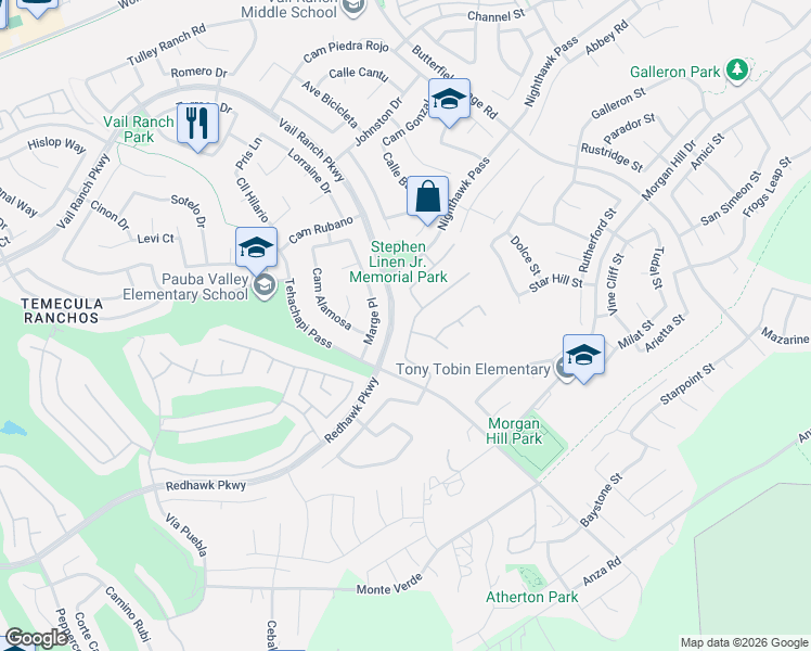 map of restaurants, bars, coffee shops, grocery stores, and more near 33360 Barrington Drive in Temecula