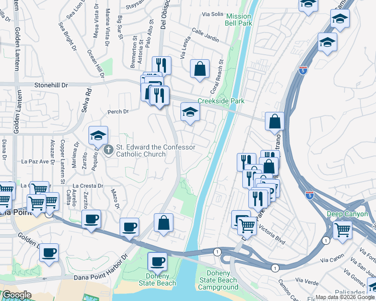 map of restaurants, bars, coffee shops, grocery stores, and more near 33852 Del Obispo Street in Dana Point