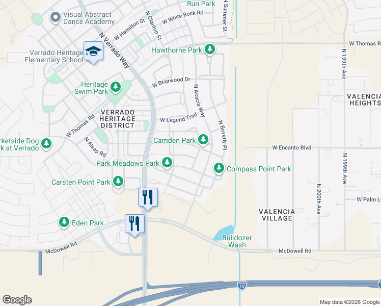 map of restaurants, bars, coffee shops, grocery stores, and more near 2233 North Springfield Street in Buckeye