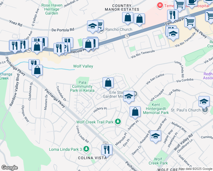 map of restaurants, bars, coffee shops, grocery stores, and more near 44939 Bellflower Lane in Temecula