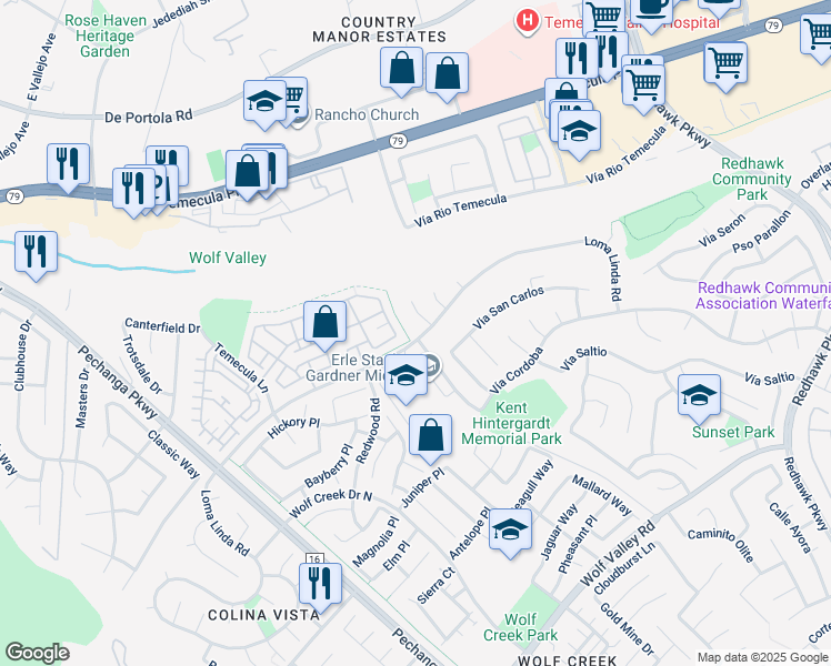 map of restaurants, bars, coffee shops, grocery stores, and more near 31424 Loma Linda Road in Temecula