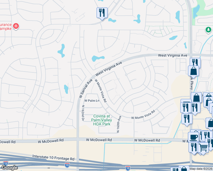 map of restaurants, bars, coffee shops, grocery stores, and more near 2356 North 161st Avenue in Goodyear