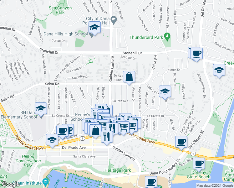 map of restaurants, bars, coffee shops, grocery stores, and more near 33816 Colegio Drive in Dana Point