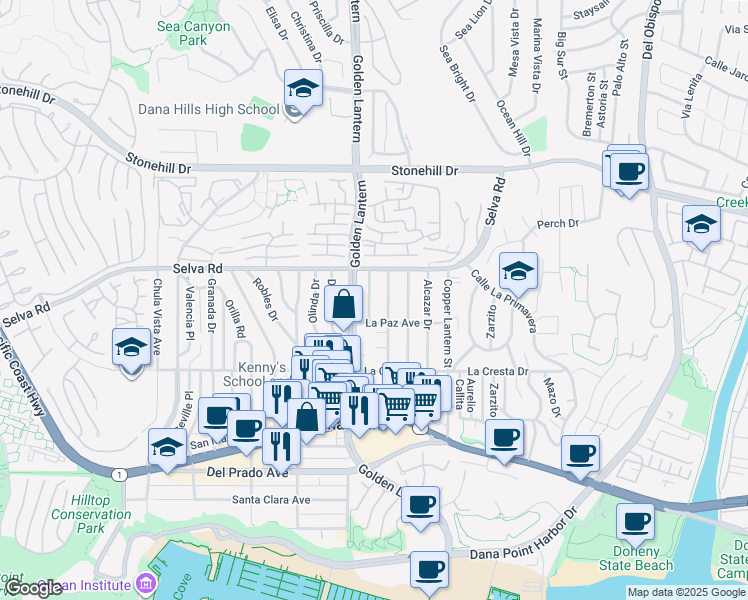 map of restaurants, bars, coffee shops, grocery stores, and more near 24762 La Paz Avenue in Dana Point